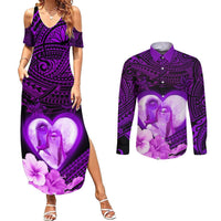 Dolphin Couple Love Story Valentine Day Couples Matching Summer Maxi Dress and Long Sleeve Button Shirt With Polynesian Tribal Tattoo Purple Style LT03 Purple - Polynesian Pride
