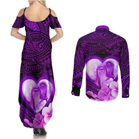 Dolphin Couple Love Story Valentine Day Couples Matching Summer Maxi Dress and Long Sleeve Button Shirt With Polynesian Tribal Tattoo Purple Style LT03 - Polynesian Pride