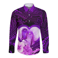 Dolphin Couple Love Story Valentine Day Long Sleeve Button Shirt With Polynesian Tribal Tattoo Purple Style LT03 Unisex Purple - Polynesian Pride