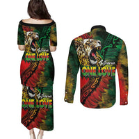 Aotearoa One Love Couples Matching Puletasi and Long Sleeve Button Shirt Reggae Lion with Kakahu Huruhuru
