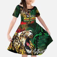 Aotearoa One Love Family Matching Mermaid Dress and Hawaiian Shirt Reggae Lion with Kakahu Huruhuru LT03 Daughter's Dress Black - Polynesian Pride