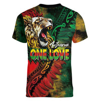 Aotearoa One Love Women V-Neck T-Shirt Reggae Lion with Kakahu Huruhuru