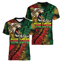 Aotearoa One Love Women V-Neck T-Shirt Reggae Lion with Kakahu Huruhuru
