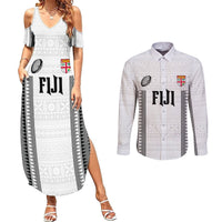 Fiji Rugby Warriors Couples Matching Summer Maxi Dress and Long Sleeve Button Shirt Masi Tribal Pattern Go Champion 2024 LT03 White - Polynesian Pride