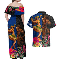 Hawaii and Samoa Together Couples Matching Off Shoulder Maxi Dress and Hawaiian Shirt Samoan Warrior and Beauty Hula Girl LT03 - Polynesian Pride