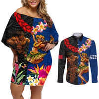 Hawaii and Samoa Together Couples Matching Off Shoulder Short Dress and Long Sleeve Button Shirt Samoan Warrior and Beauty Hula Girl LT03 Black - Polynesian Pride