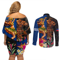 Hawaii and Samoa Together Couples Matching Off Shoulder Short Dress and Long Sleeve Button Shirt Samoan Warrior and Beauty Hula Girl LT03 - Polynesian Pride