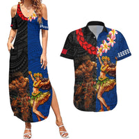 Hawaii and Samoa Together Couples Matching Summer Maxi Dress and Hawaiian Shirt Samoan Warrior and Beauty Hula Girl LT03 Black - Polynesian Pride