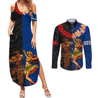 Hawaii and Samoa Together Couples Matching Summer Maxi Dress and Long Sleeve Button Shirt Samoan Warrior and Beauty Hula Girl LT03 Black - Polynesian Pride