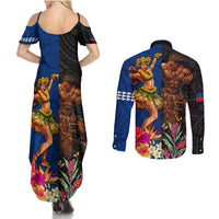 Hawaii and Samoa Together Couples Matching Summer Maxi Dress and Long Sleeve Button Shirt Samoan Warrior and Beauty Hula Girl LT03 - Polynesian Pride