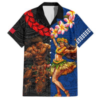 Hawaii and Samoa Together Hawaiian Shirt Samoan Warrior and Beauty Hula Girl LT03 Black - Polynesian Pride