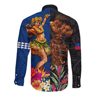 Hawaii and Samoa Together Long Sleeve Button Shirt Samoan Warrior and Beauty Hula Girl
