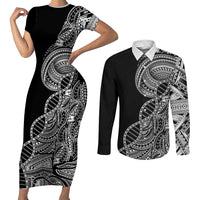 Samoan DNA Art Tattoo Couples Matching Short Sleeve Bodycon Dress and Long Sleeve Button Shirt Polynesian Pattern Black Color