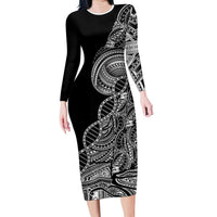 Samoan DNA Art Tattoo Family Matching Long Sleeve Bodycon Dress and Hawaiian Shirt Polynesian Pattern Black Color LT03 Mom's Dress Black - Polynesian Pride