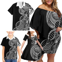 Samoan DNA Art Tattoo Family Matching Off Shoulder Short Dress and Hawaiian Shirt Polynesian Pattern Black Color