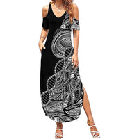 Samoan DNA Art Tattoo Family Matching Summer Maxi Dress and Hawaiian Shirt Polynesian Pattern Black Color