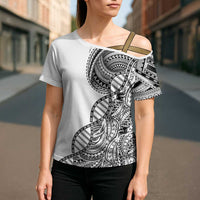 Samoan DNA Art Tattoo Cross Shoulder Shirt Polynesian Pattern White Color