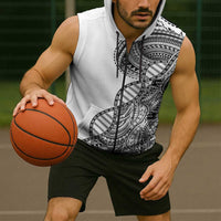 Samoan DNA Art Tattoo Sleeveless Zip Hoodie Polynesian Pattern White Color