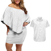 Samoan DNA Art Tattoo Couples Matching Off Shoulder Short Dress and Hawaiian Shirt Polynesian Pattern All White