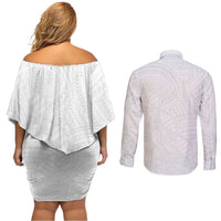 Samoan DNA Art Tattoo Couples Matching Off Shoulder Short Dress and Long Sleeve Button Shirt Polynesian Pattern All White