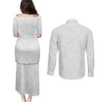 Samoan DNA Art Tattoo Couples Matching Puletasi and Long Sleeve Button Shirt Polynesian Pattern All White