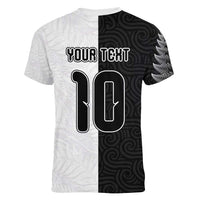 Custom New Zealand Football Women V-Neck T-Shirt Silver Fern and Maori Tribal Black White Half Sporty Style LT03 - Polynesian Pride