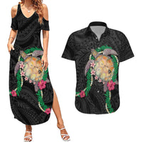Hawaii Pikake and Maile Lei Couples Matching Summer Maxi Dress and Hawaiian Shirt Honu Polynesian Pattern Black Color
