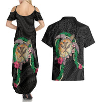Hawaii Pikake and Maile Lei Couples Matching Summer Maxi Dress and Hawaiian Shirt Honu Polynesian Pattern Black Color LT03 - Polynesian Pride