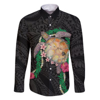 Hawaii Pikake and Maile Lei Family Matching Mermaid Dress and Hawaiian Shirt Honu Polynesian Pattern Black Color