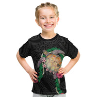 Hawaii Pikake and Maile Lei Kid T Shirt Honu Polynesian Pattern Black Color