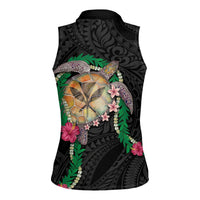 Hawaii Pikake and Maile Lei Women Sleeveless Polo Shirt Honu Polynesian Pattern Black Color