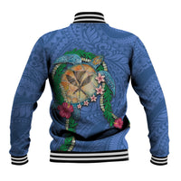 Hawaii Pikake and Maile Lei Baseball Jacket Honu Polynesian Pattern Blue Color