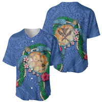 Hawaii Pikake and Maile Lei Baseball Jersey Honu Polynesian Pattern Blue Color