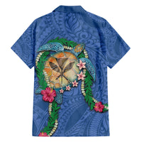 Hawaii Pikake and Maile Lei Family Matching Off Shoulder Maxi Dress and Hawaiian Shirt Honu Polynesian Pattern Blue Color