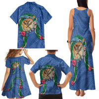 Hawaii Pikake and Maile Lei Family Matching Tank Maxi Dress and Hawaiian Shirt Honu Polynesian Pattern Blue Color