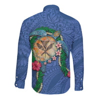 Hawaii Pikake and Maile Lei Long Sleeve Button Shirt Honu Polynesian Pattern Blue Color