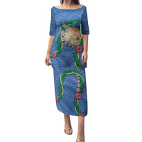Hawaii Pikake and Maile Lei Puletasi Honu Polynesian Pattern Blue Color LT03 Long Dress Blue - Polynesian Pride