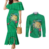 Hawaii Pikake and Maile Lei Couples Matching Mermaid Dress and Long Sleeve Button Shirt Honu Polynesian Pattern Green Color LT03 Green - Polynesian Pride