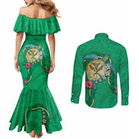 Hawaii Pikake and Maile Lei Couples Matching Mermaid Dress and Long Sleeve Button Shirt Honu Polynesian Pattern Green Color LT03 - Polynesian Pride