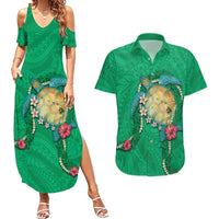 Hawaii Pikake and Maile Lei Couples Matching Summer Maxi Dress and Hawaiian Shirt Honu Polynesian Pattern Green Color LT03 Green - Polynesian Pride
