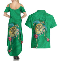 Hawaii Pikake and Maile Lei Couples Matching Summer Maxi Dress and Hawaiian Shirt Honu Polynesian Pattern Green Color LT03 - Polynesian Pride