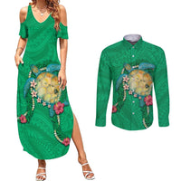 Hawaii Pikake and Maile Lei Couples Matching Summer Maxi Dress and Long Sleeve Button Shirt Honu Polynesian Pattern Green Color