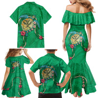 Hawaii Pikake and Maile Lei Family Matching Mermaid Dress and Hawaiian Shirt Honu Polynesian Pattern Green Color