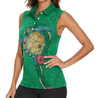 Hawaii Pikake and Maile Lei Women Sleeveless Polo Shirt Honu Polynesian Pattern Green Color