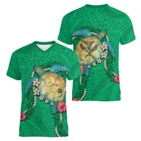Hawaii Pikake and Maile Lei Women V-Neck T-Shirt Honu Polynesian Pattern Green Color