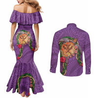 Hawaii Pikake and Maile Lei Couples Matching Mermaid Dress and Long Sleeve Button Shirt Honu Polynesian Pattern Pink Color LT03 - Polynesian Pride