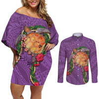 Hawaii Pikake and Maile Lei Couples Matching Off Shoulder Short Dress and Long Sleeve Button Shirt Honu Polynesian Pattern Pink Color