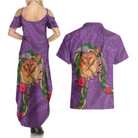 Hawaii Pikake and Maile Lei Couples Matching Summer Maxi Dress and Hawaiian Shirt Honu Polynesian Pattern Pink Color