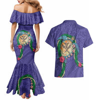 Hawaii Pikake and Maile Lei Couples Matching Mermaid Dress and Hawaiian Shirt Honu Polynesian Pattern Purple Color LT03 - Polynesian Pride