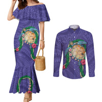 Hawaii Pikake and Maile Lei Couples Matching Mermaid Dress and Long Sleeve Button Shirt Honu Polynesian Pattern Purple Color